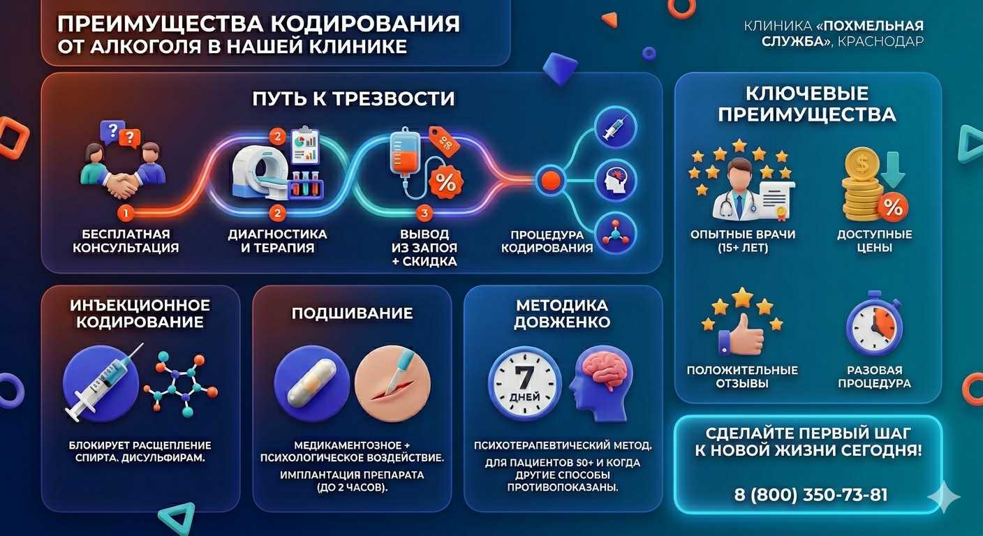 Инфографика о методах кодирования от алкоголя в Ульяновске: инъекции, подшивание, метод Довженко. Преимущества клиники и этапы лечения.